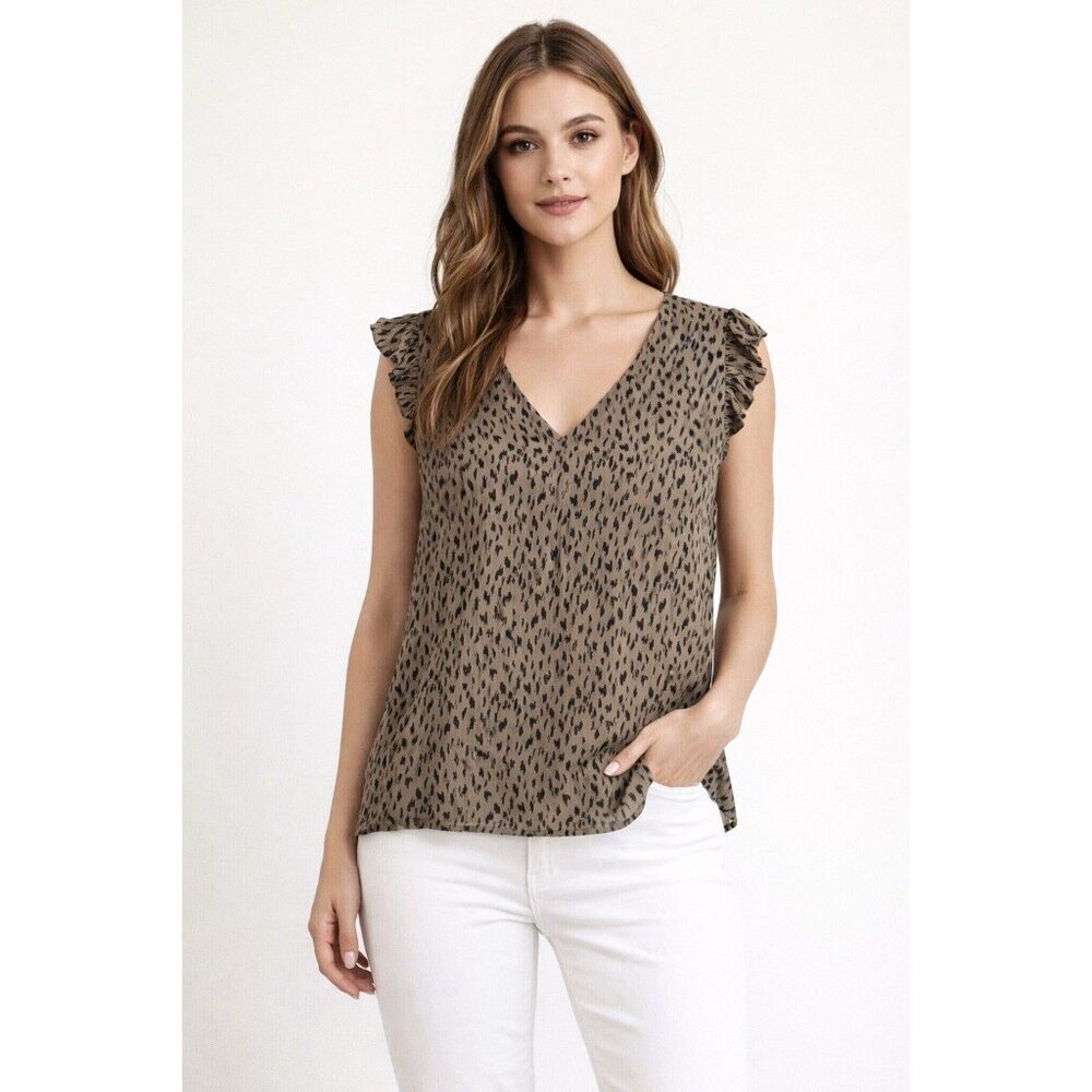 Olive Green Animal Print Flutter Sleeve V-neck Top Women L Feminine Date Night